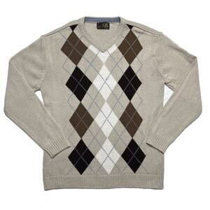 XG Argyle Knit Sweater V Neck Long Sleeve Lightweight Cream Men's Large Preppy